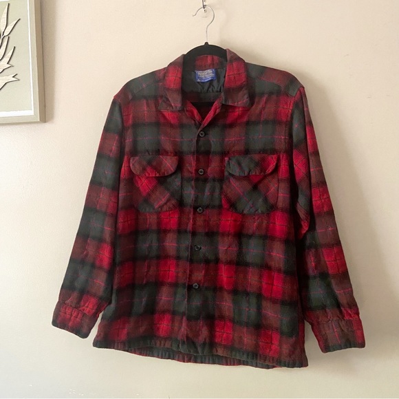Pendleton• vintage red green wool flannel plaid button up shirt - Picture 2 of 13